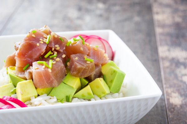 Cubed Albacore Tombo Tuna in a white dish with sushi-rice and brokaw avocado