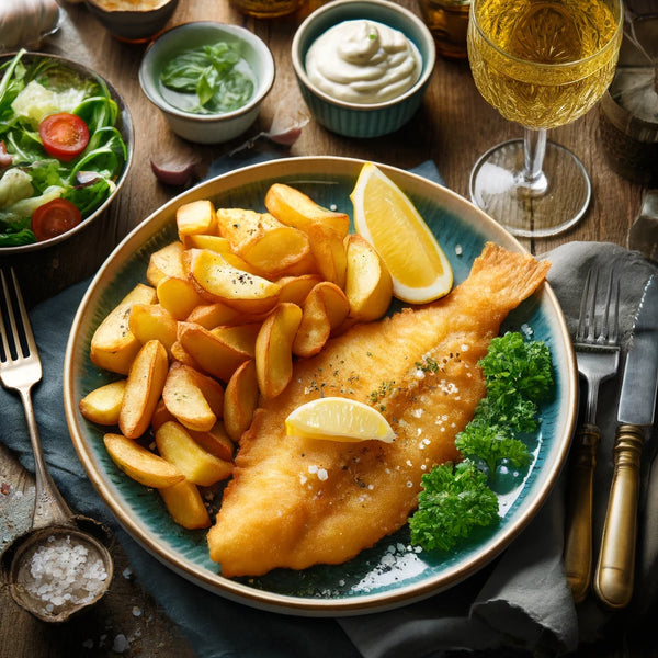 Battered European plaice with Yukon Gold chips, served with tartar sauce and white wine, perfect for gourmet fish and chips.