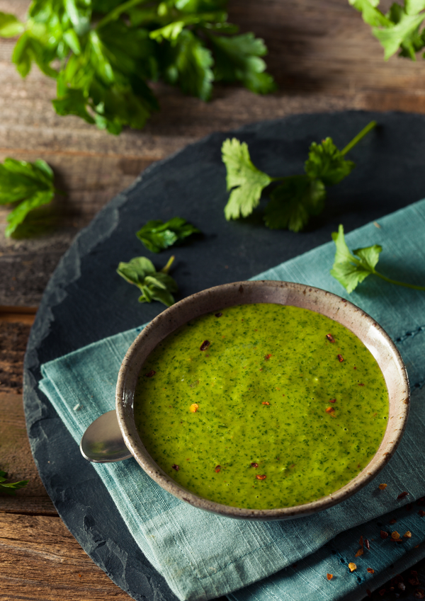 Chimichurri sauce prepared and in a bowl for pairing with seafood