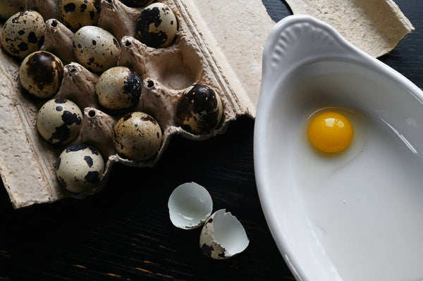 quail eggs in carton next to a quail yolk