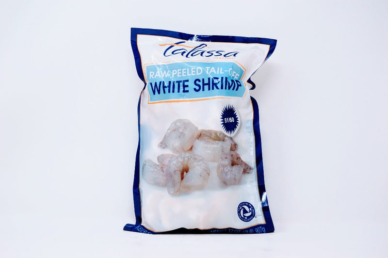 frozen raw peeled tail off white shrimp in a bag